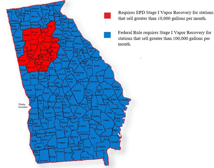 County Map showing where Stage I Vapor Recovery is required