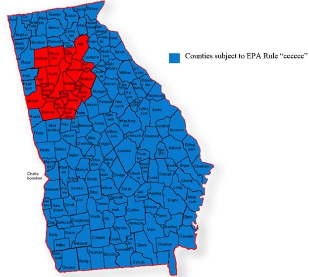 Map showing counties that are subject to EPA GDF Rule CCCCCC