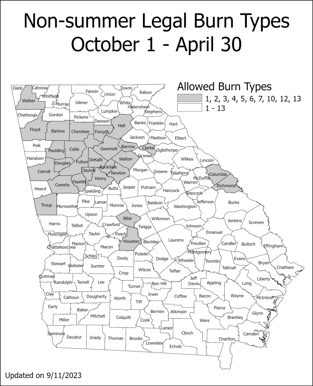 A Map of Georgia highlighting non-summer burn types by county