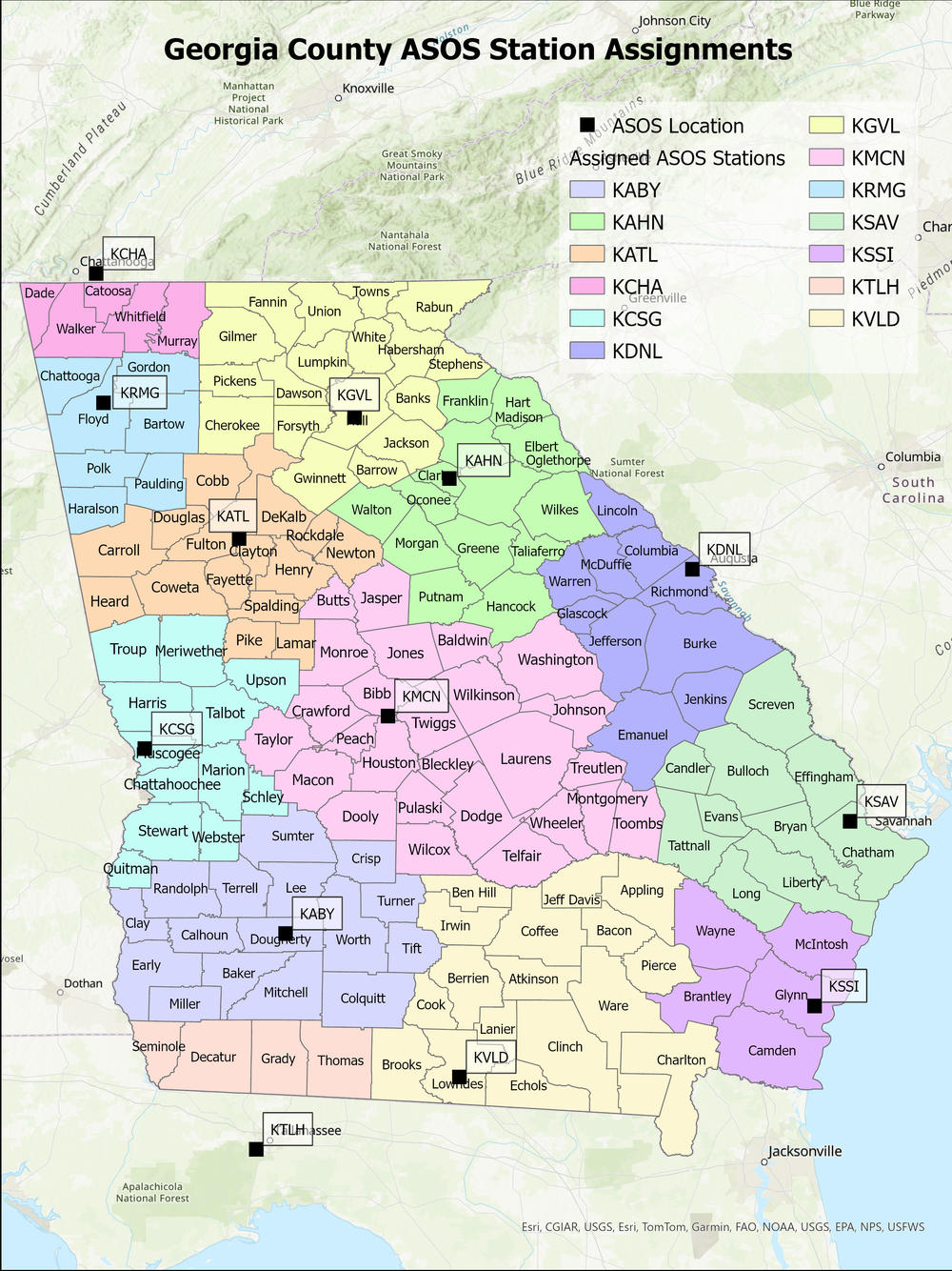 Map of Georgia counties and the assigned ASOS station for each county