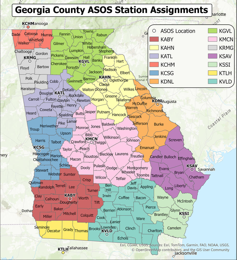 Map of Georgia counties and the assigned ASOS Station for each county