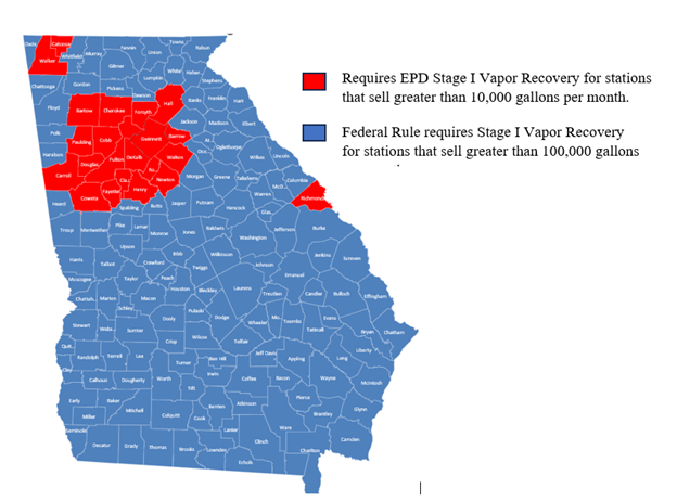 Map of Counties showing Stage I Vapor Recovery requirements