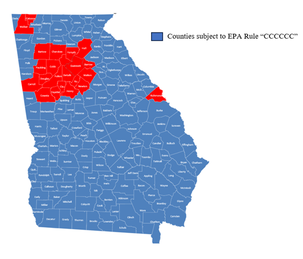 Map of Counties that are subject to EPA Rule CCCCCC
