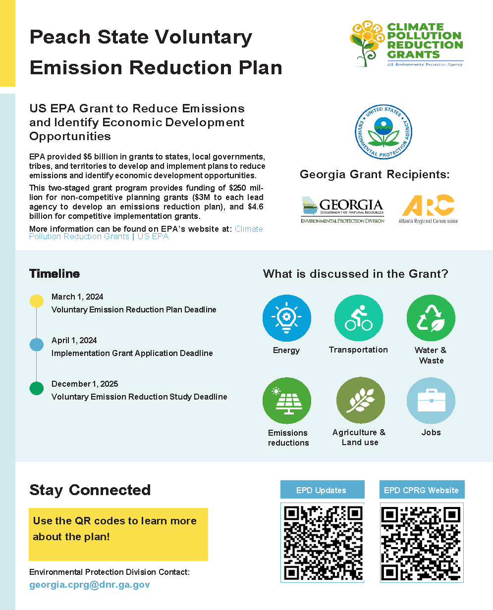 Flyer Explaining Peach State Voluntary Emission Reduction Plan. It includes overview, timeline, what is included in plan, and links to stay connected.