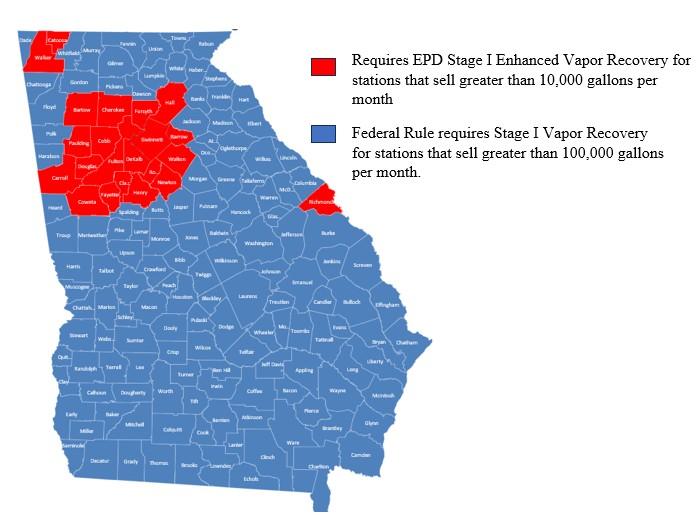 Map of counties subject to Stage I Vapor Recovery requirements