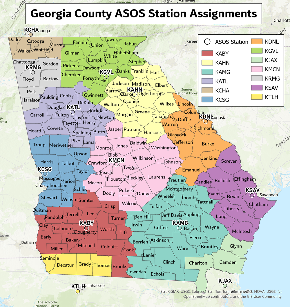 Map of Georgia counties and the assigned ASOS Station for each county