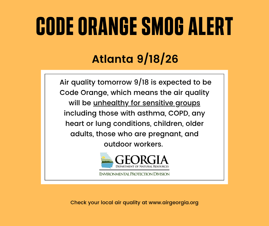 Code Orange Smog Alert for Atlanta on 9/18/26.