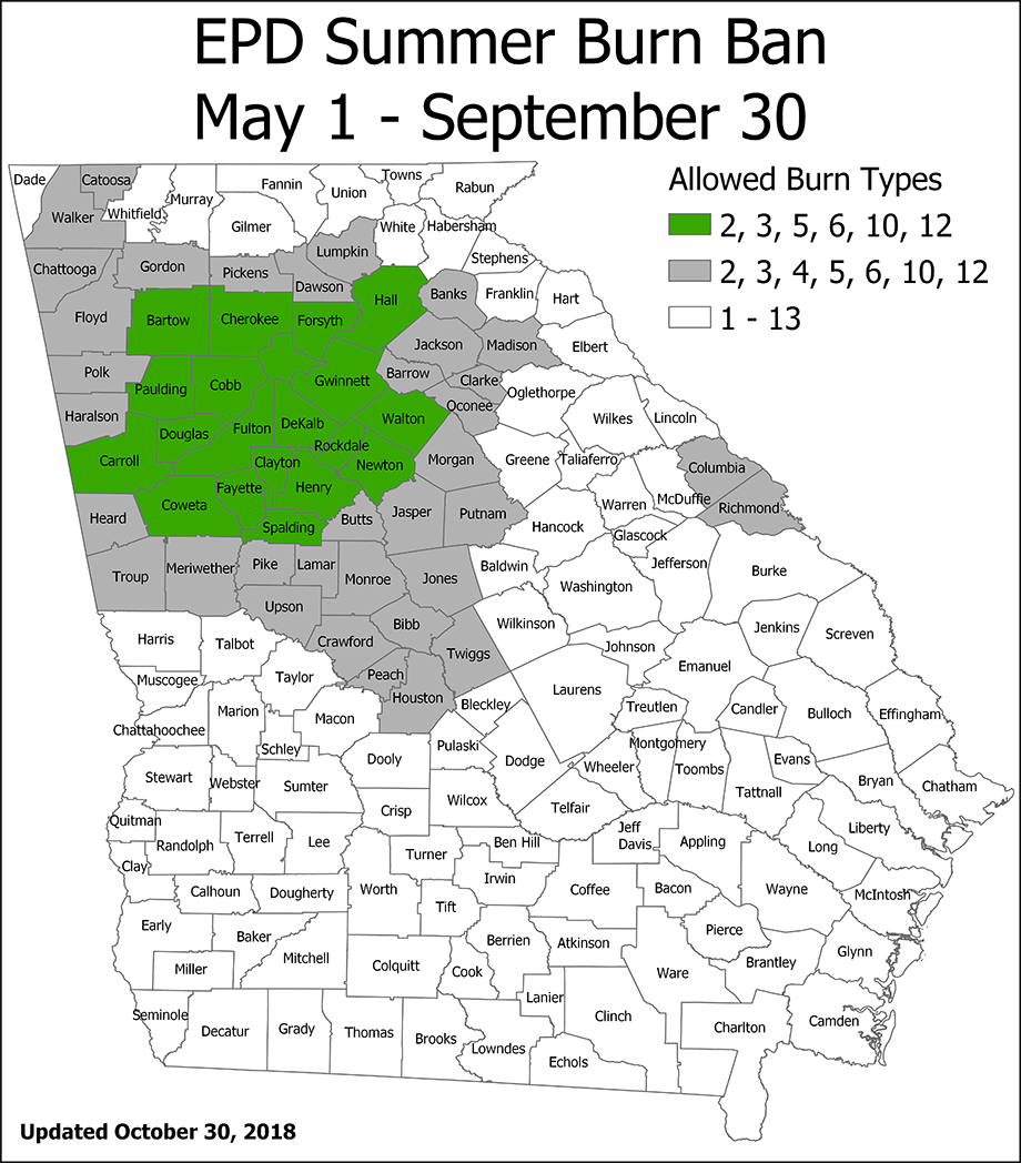 A Georgia map showing which counties are allowed which burn types during the summer. Counties with restrictions are listed below.